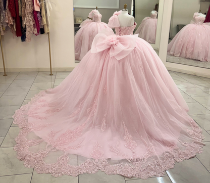 Tulle Lace Appliqued Pink Quinceanera Dresses Sweet 16 Ball Gown Birthday Party Dresses HE1989