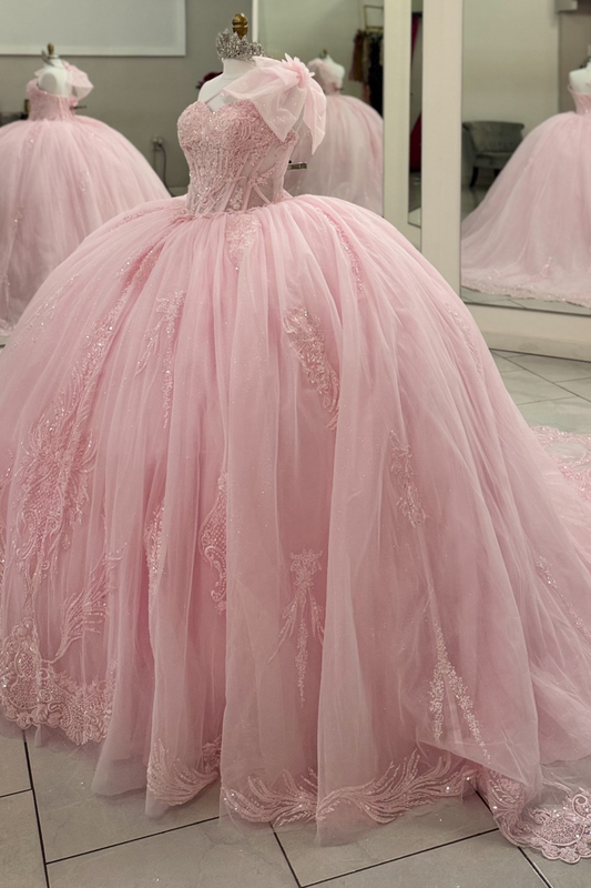 Tulle Lace Appliqued Pink Quinceanera Dresses Sweet 16 Ball Gown Birthday Party Dresses HE1989