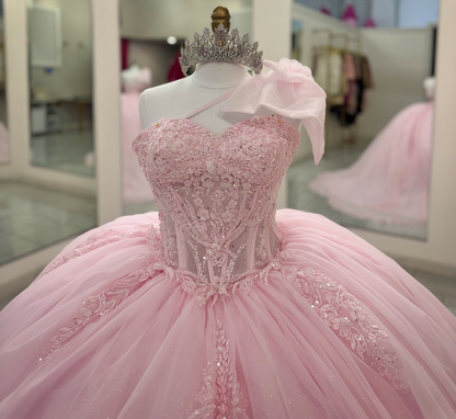 Tulle Lace Appliqued Pink Quinceanera Dresses Sweet 16 Ball Gown Birthday Party Dresses HE1989