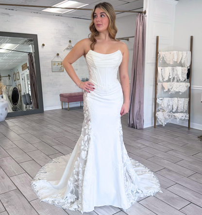 Strapless Satin Lace Appliqued Wedding Dresses Mermaid Boho Wedding Gowns for Bride HE1950