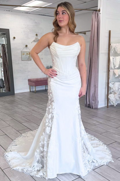Strapless Satin Lace Appliqued Wedding Dresses Mermaid Boho Wedding Gowns for Bride HE1950