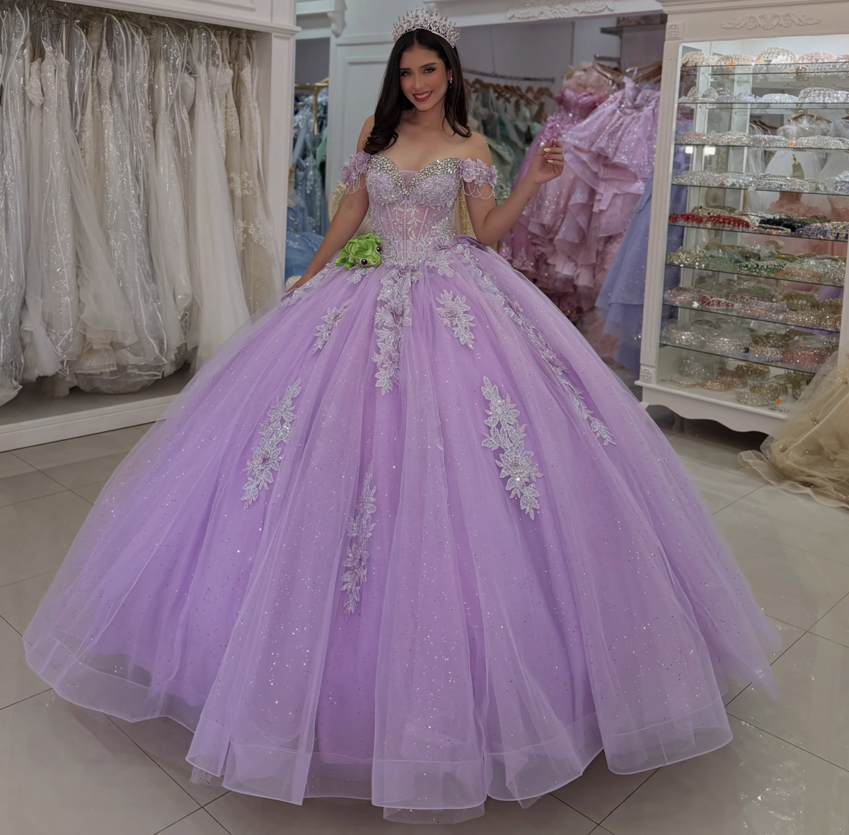 Off Shoulder Lilac Quinceanera Dresses Sweet 16 Ball Gown Lace Appliqued Party Dress HE1994