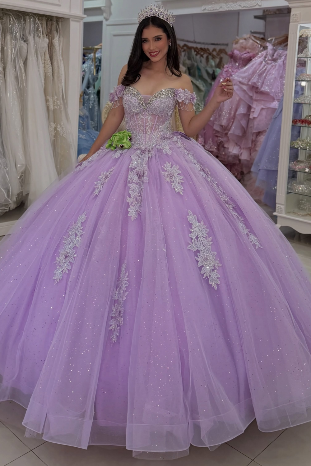Off Shoulder Lilac Quinceanera Dresses Sweet 16 Ball Gown Lace Appliqued Party Dress HE1994