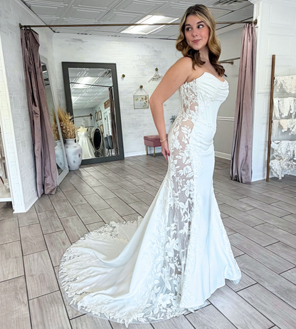 Strapless Satin Lace Appliqued Wedding Dresses Mermaid Boho Wedding Gowns for Bride HE1950