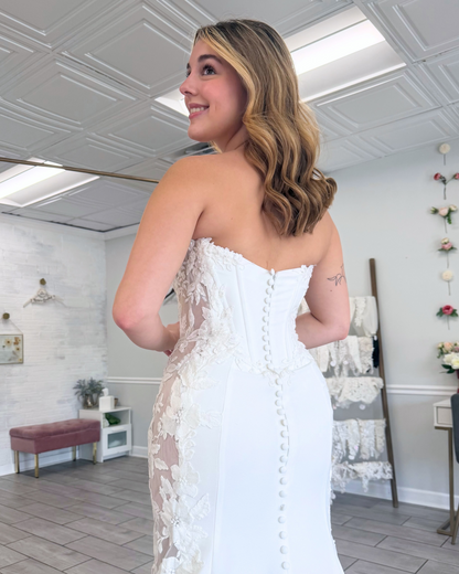 Strapless Satin Lace Appliqued Wedding Dresses Mermaid Boho Wedding Gowns for Bride HE1950