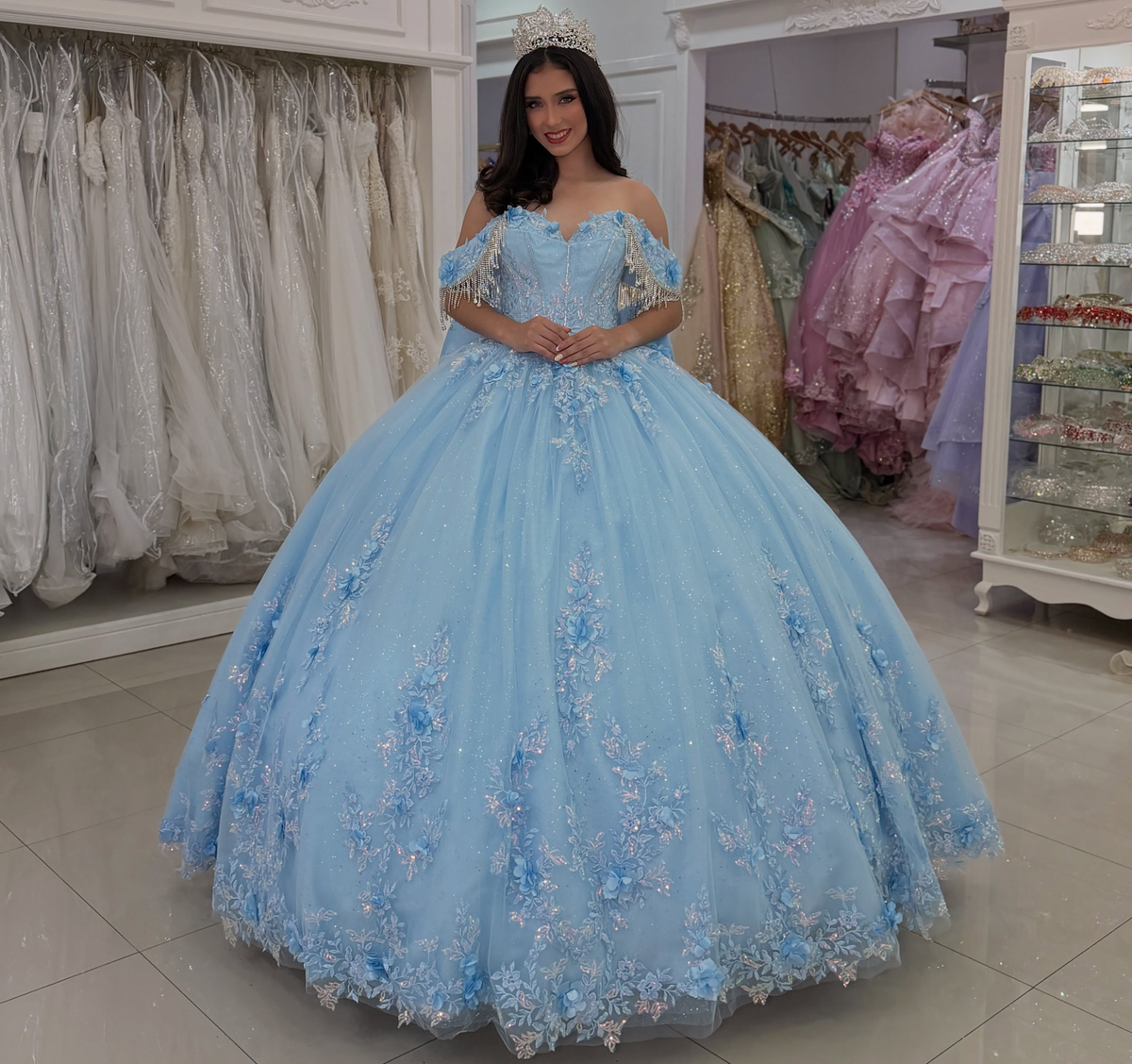 Sweet 16 Blue Quinceanera Dresses Tulle 3D Flower Celebration Gowns Princess Birthday Dresses HE1992