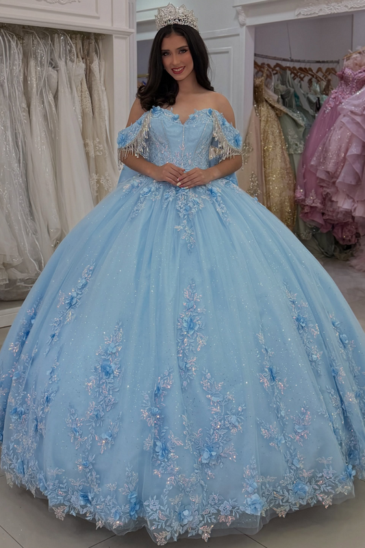 Sweet 16 Blue Quinceanera Dresses Tulle 3D Flower Celebration Gowns Princess Birthday Dresses HE1992