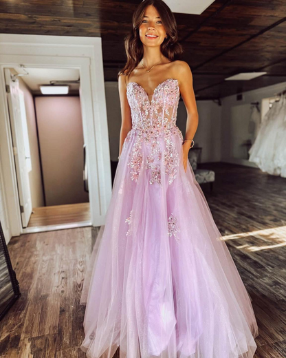Sweetheart A Line Long Prom Dresses Tulle Appliqued Strapless Evening Gowns for Women HE1976