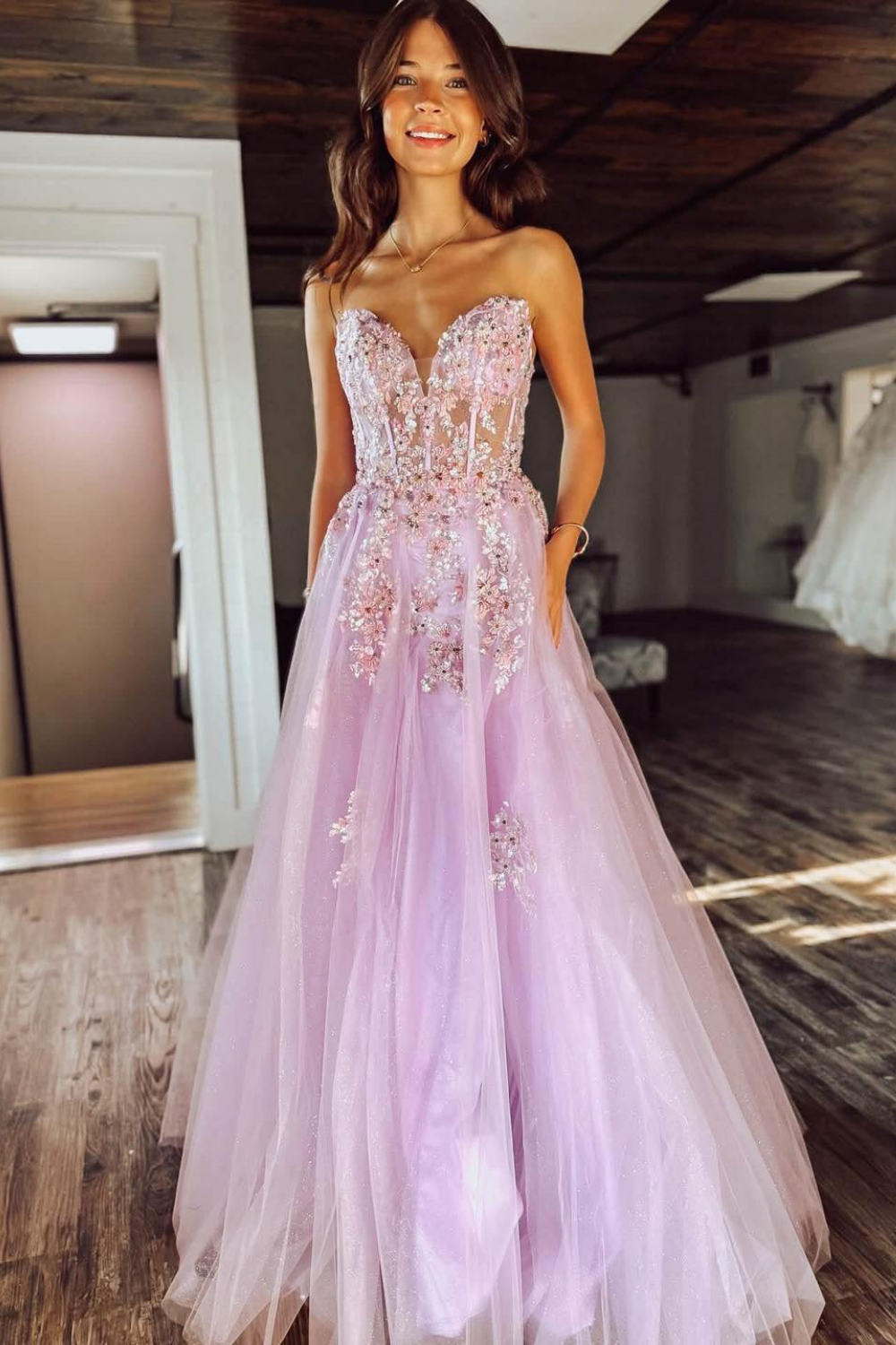 Sweetheart A Line Long Prom Dresses Tulle Appliqued Strapless Evening Gowns for Women HE1976