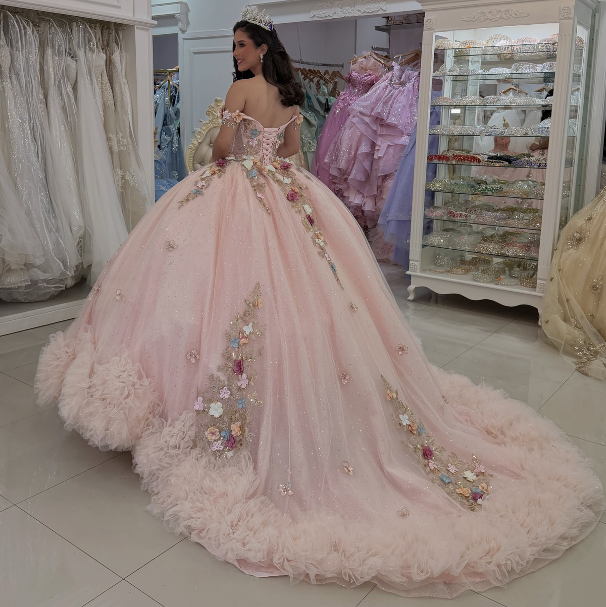 Gorgeous 3D Flower Pink Quinceanera Dresses Sweet 16 Tulle Birthday Party Gowns HE1993