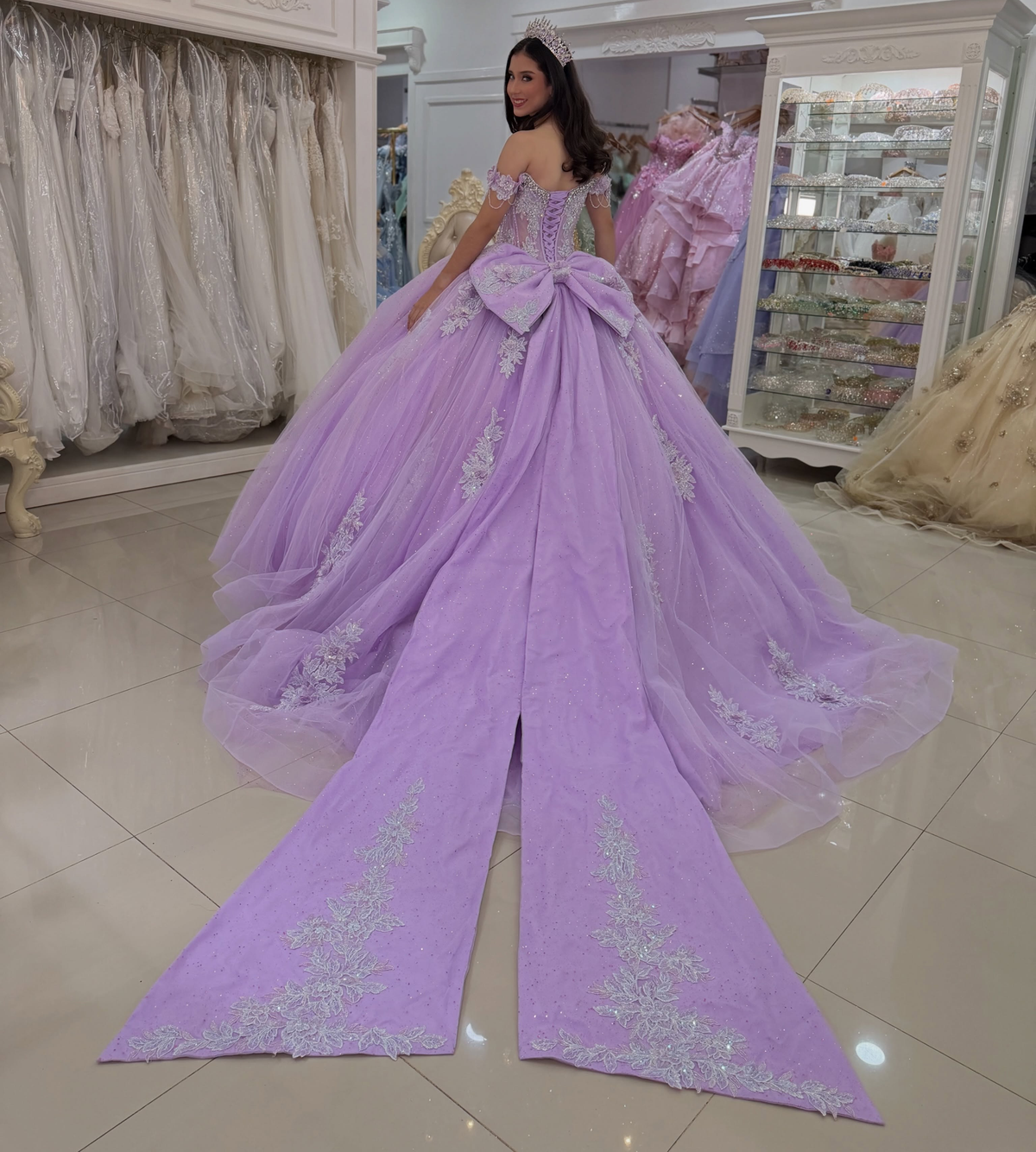 Off Shoulder Lilac Quinceanera Dresses Sweet 16 Ball Gown Lace Appliqued Party Dress HE1994