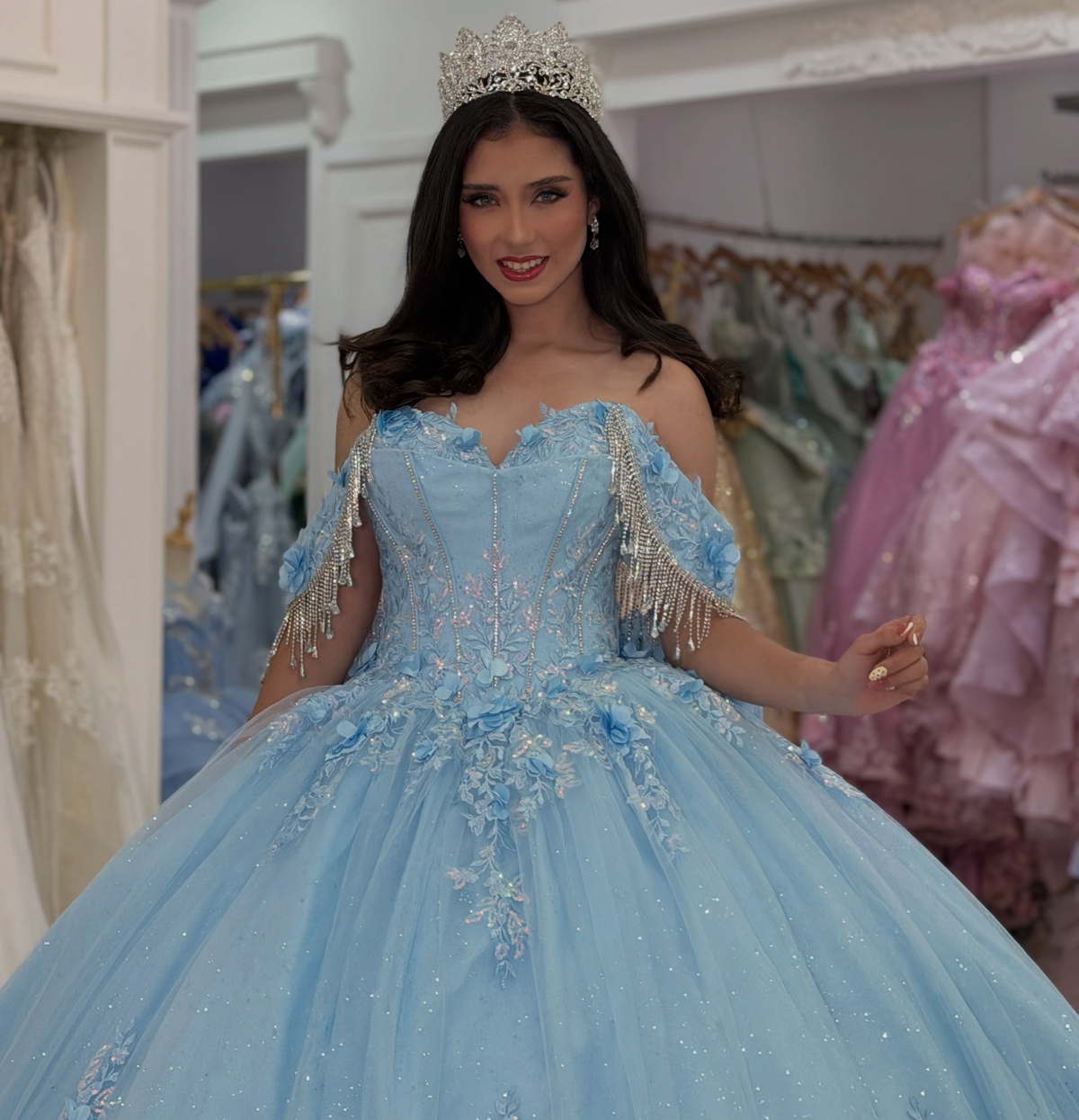 Sweet 16 Blue Quinceanera Dresses Tulle 3D Flower Celebration Gowns Princess Birthday Dresses HE1992