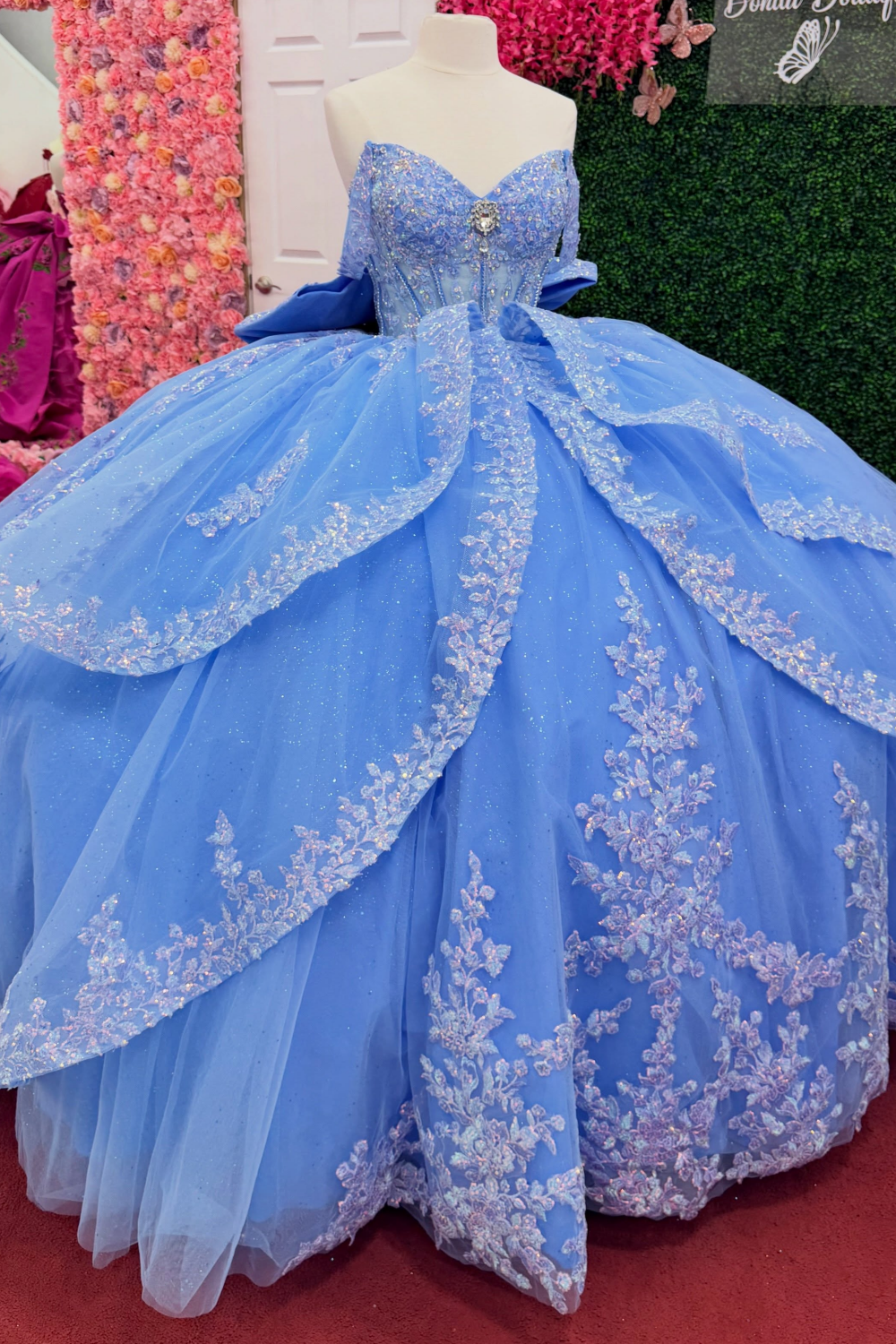 Vestidos de quinceañera con hombros descubiertos, tul princesa, apliques, vestidos de quinceañera HE530