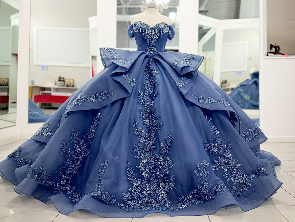 Off Shoulder Blue Quinceanera Dresses Tulle Lace Appliqued Sweet 16 Celebration Gowns HE1988