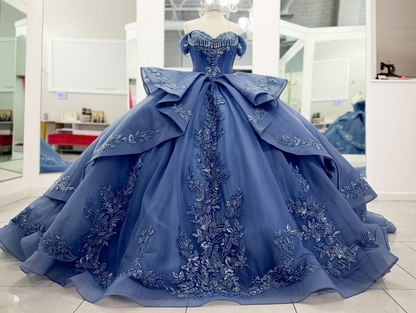 Off Shoulder Blue Quinceanera Dresses Tulle Lace Appliqued Sweet 16 Celebration Gowns HE1988