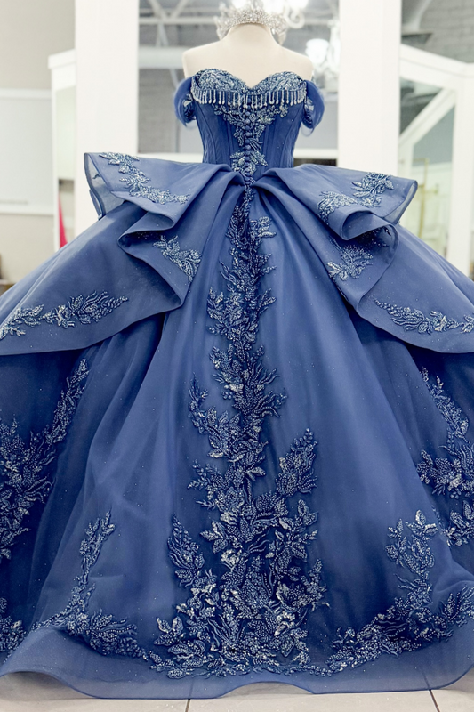 Off Shoulder Blue Quinceanera Dresses Tulle Lace Appliqued Sweet 16 Celebration Gowns HE1988