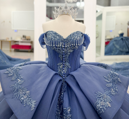 Off Shoulder Blue Quinceanera Dresses Tulle Lace Appliqued Sweet 16 Celebration Gowns HE1988