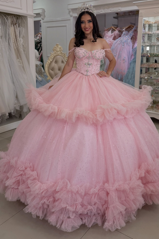 Ball Gown Tulle Ruffled Quinceanera Dresses Pink Off Shoulder Birthday Gowns for Sweet 16 HE1991