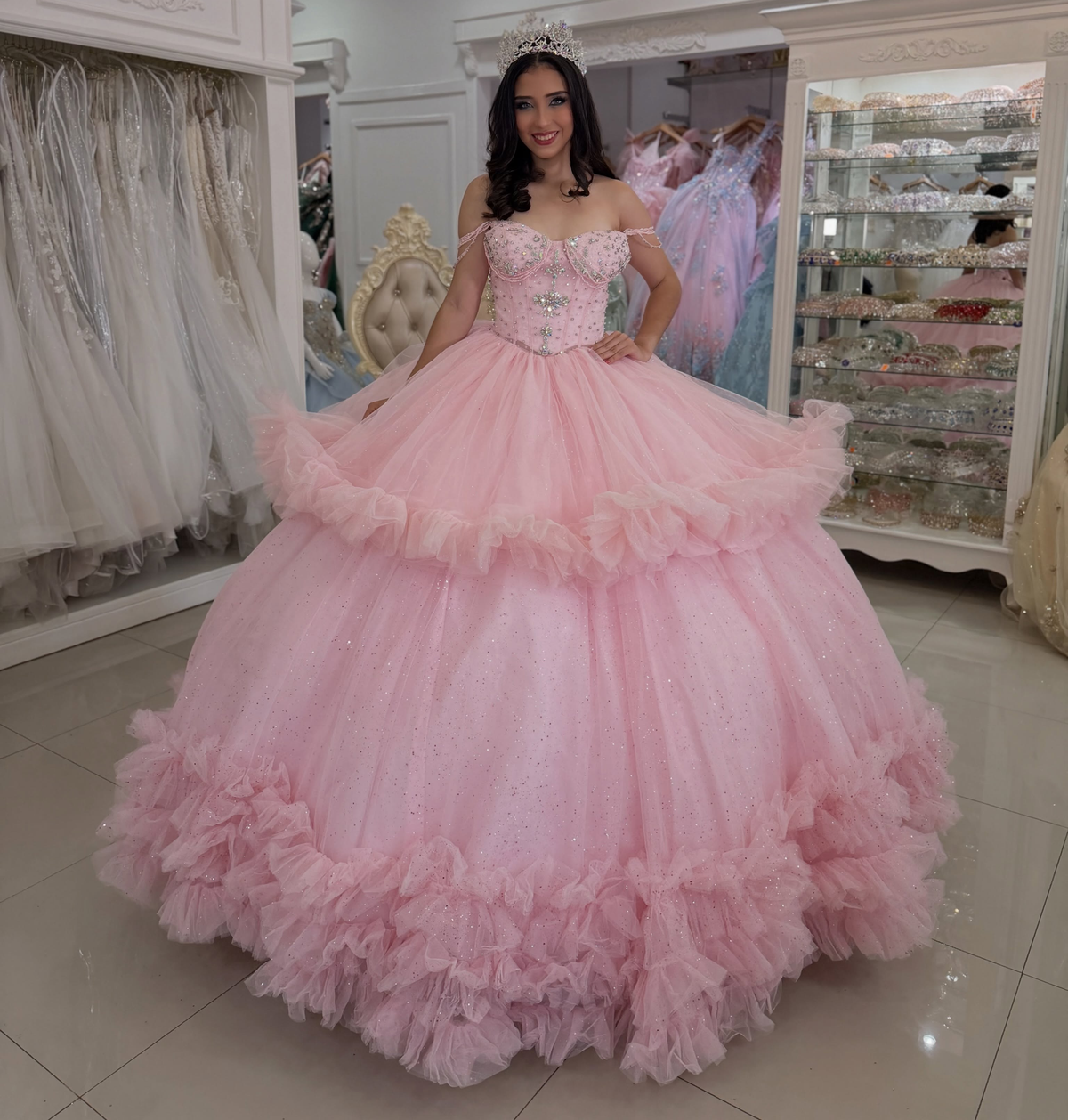 Ball Gown Tulle Ruffled Quinceanera Dresses Pink Off Shoulder Birthday Gowns for Sweet 16 HE1991