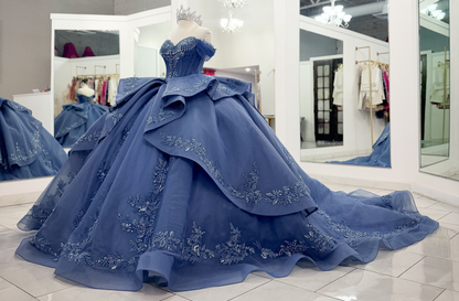 Off Shoulder Blue Quinceanera Dresses Tulle Lace Appliqued Sweet 16 Celebration Gowns HE1988