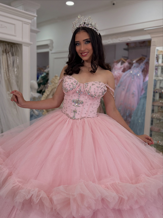 Ball Gown Tulle Ruffled Quinceanera Dresses Pink Off Shoulder Birthday Gowns for Sweet 16 HE1991