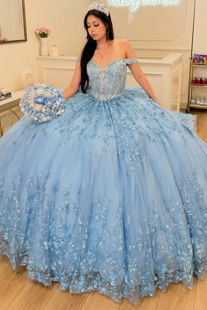 Off Shoulder 3D Flower Quinceanera Dresses Ball Gown Princess Blue Sweet 16 Party Gowns HE1964