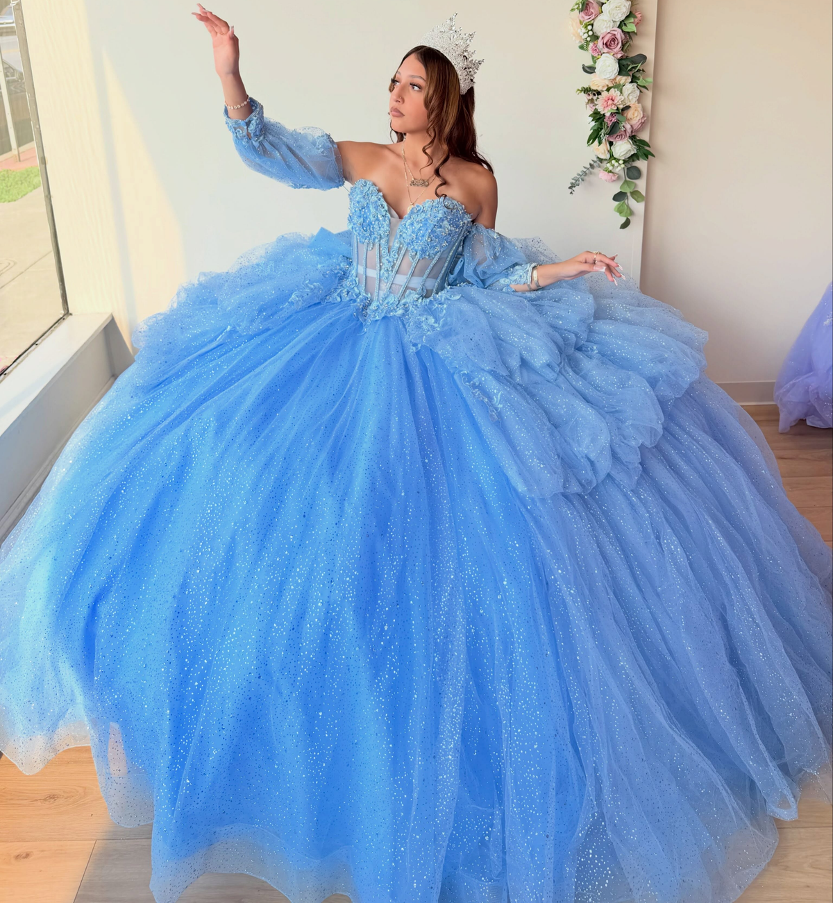 Vestidos de quinceañera con hombros descubiertos, tul princesa, apliques, vestidos de quinceañera HE530
