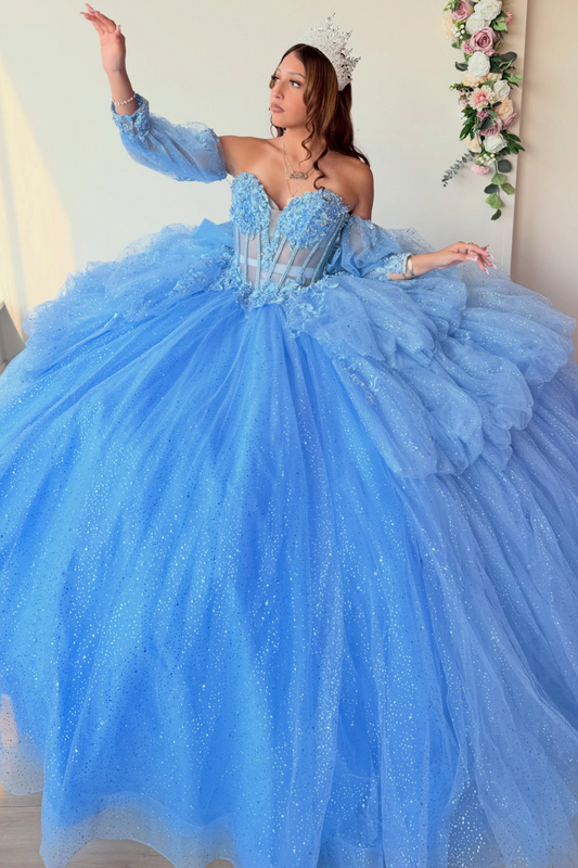 Glittery Tulle Blue Quinceanera Dresses Sweetheart Ball Gown Sweet 16 Birthday Party Dresses HE1965