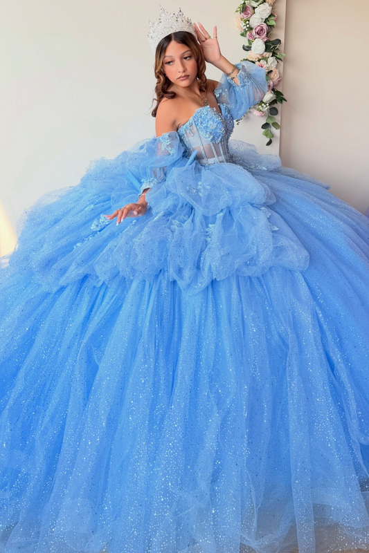 Glittery Tulle Blue Quinceanera Dresses Sweetheart Ball Gown Sweet 16 Birthday Party Dresses HE1965