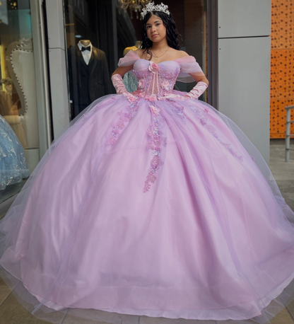 Off Shoulder Pink Sweet 16 Quinceanera Dresses Tulle Lace Appliqued Celebration Gowns HE1968