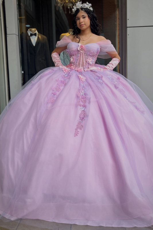 Off Shoulder Pink Sweet 16 Quinceanera Dresses Tulle Lace Appliqued Celebration Gowns HE1968