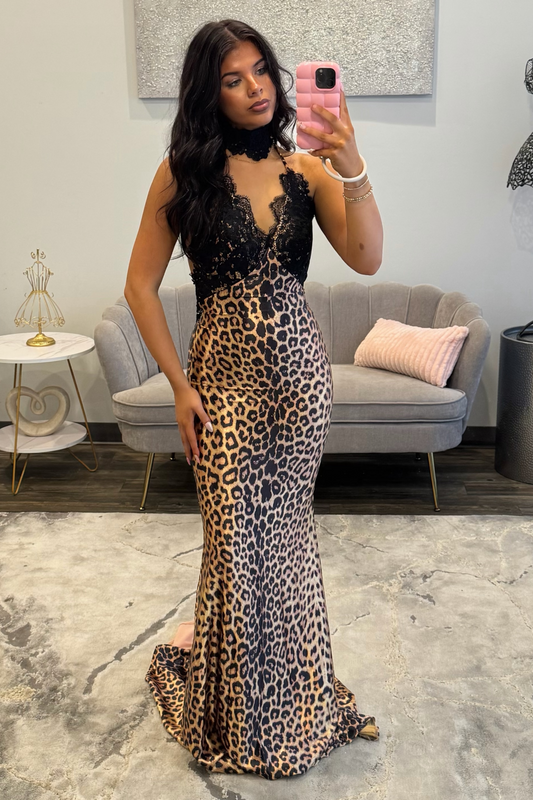 Women's Sexy V Neck Long Prom Dresses Lace Leopard Satin Backless Evening Party Gowns HE1947
