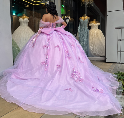 Off Shoulder Pink Sweet 16 Quinceanera Dresses Tulle Lace Appliqued Celebration Gowns HE1968