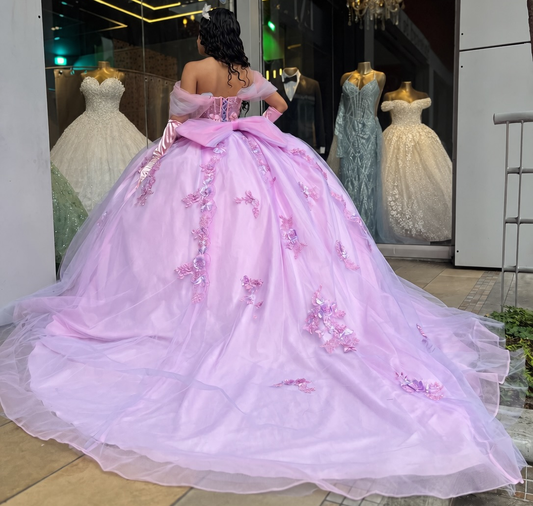 Off Shoulder Pink Sweet 16 Quinceanera Dresses Tulle Lace Appliqued Celebration Gowns HE1968