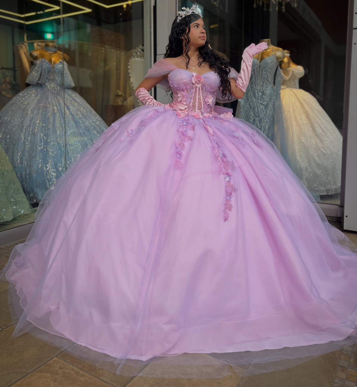 Off Shoulder Pink Sweet 16 Quinceanera Dresses Tulle Lace Appliqued Celebration Gowns HE1968