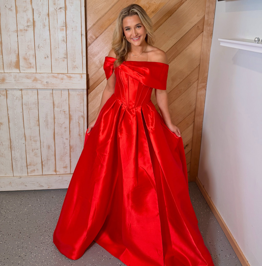 A Line Off Shoulder Prom Dresses Long for Women Satin Pleated Evening Party Gowns with Slit HE1945