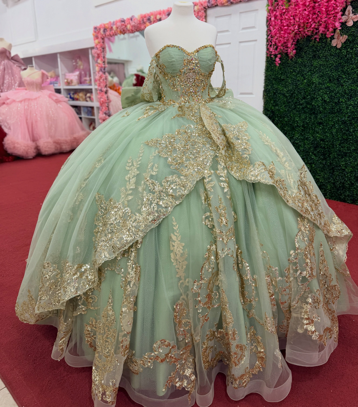 Sweet 16 Green Quinceanera Dresses Off Shoulder Lace Appliqued Birthday Party Gowns HE1969