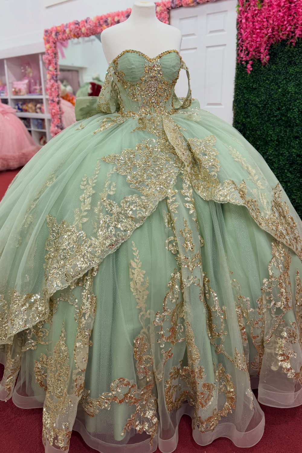 Sweet 16 Green Quinceanera Dresses Off Shoulder Lace Appliqued Birthday Party Gowns HE1969