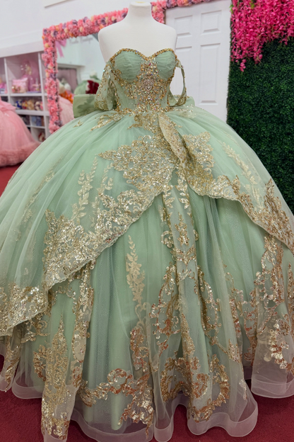 Sweet 16 Green Quinceanera Dresses Off Shoulder Lace Appliqued Birthday Party Gowns HE1969