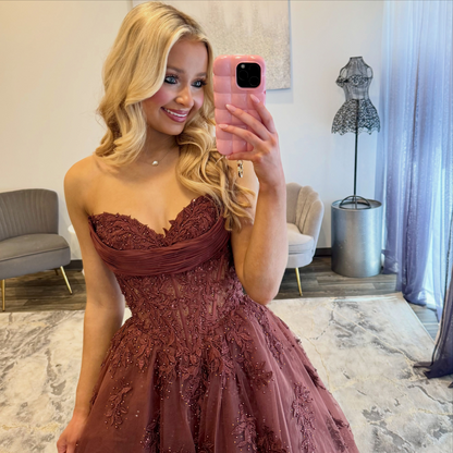 Women's A Line Tulle Appliqued Prom Dresses Long Sweetheart Corset Evening Party Gowns HE1963