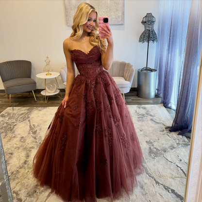 Women's A Line Tulle Appliqued Prom Dresses Long Sweetheart Corset Evening Party Gowns HE1963