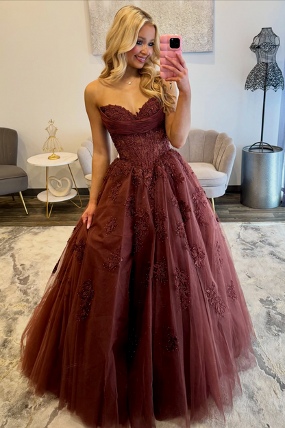 Women's A Line Tulle Appliqued Prom Dresses Long Sweetheart Corset Evening Party Gowns HE1963