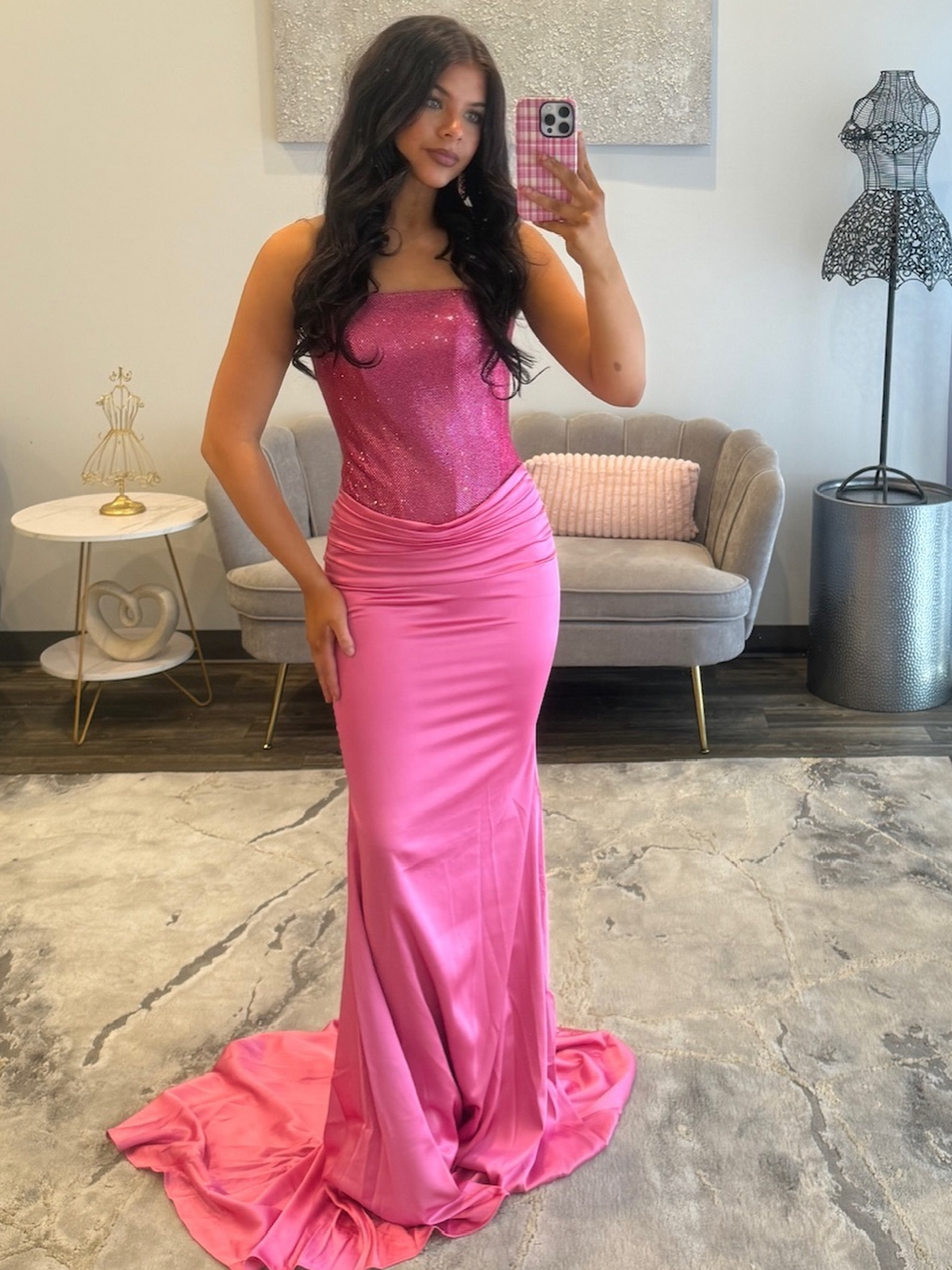 Vestido de noche largo de sirena con un hombro descubierto y lentejuelas brillantes, HE370
