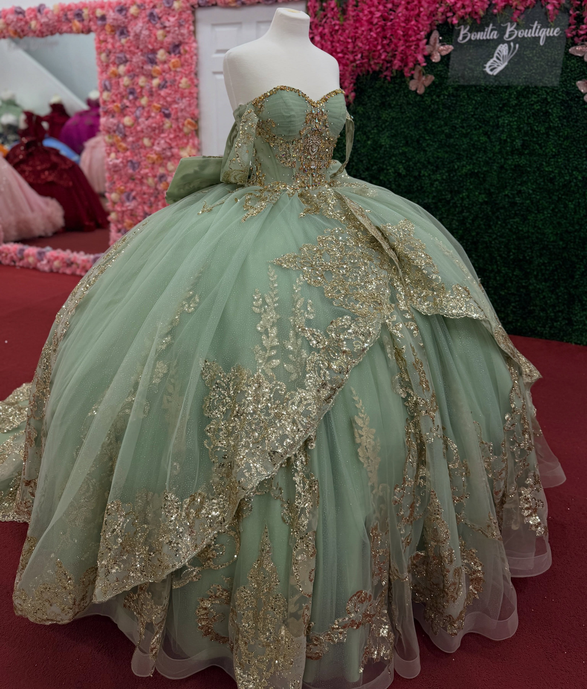 Sweet 16 Green Quinceanera Dresses Off Shoulder Lace Appliqued Birthday Party Gowns HE1969