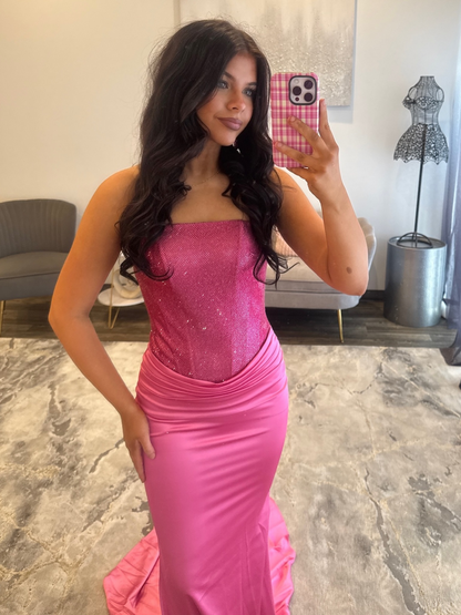 Vestido de noche largo de sirena con un hombro descubierto y lentejuelas brillantes, HE370