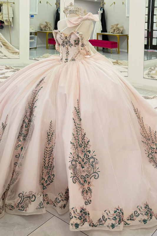 Vestidos de quinceañera con hombros descubiertos, tul princesa, apliques, vestidos de quinceañera HE530