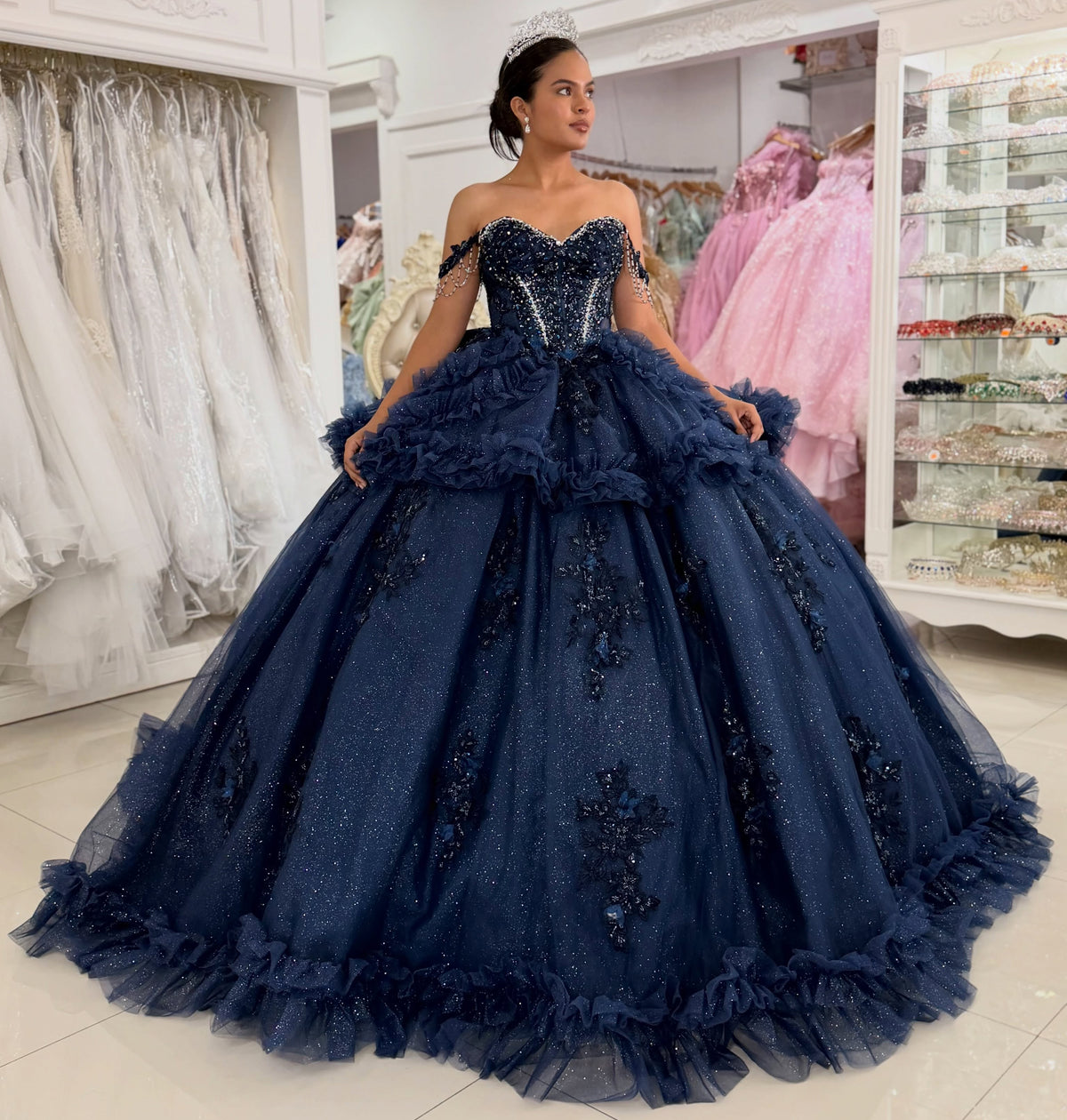 Princess Ball Gown Lace Appliqued Quinceanera Dresses Sweet 16 Birthday Celebration Gowns HE2005