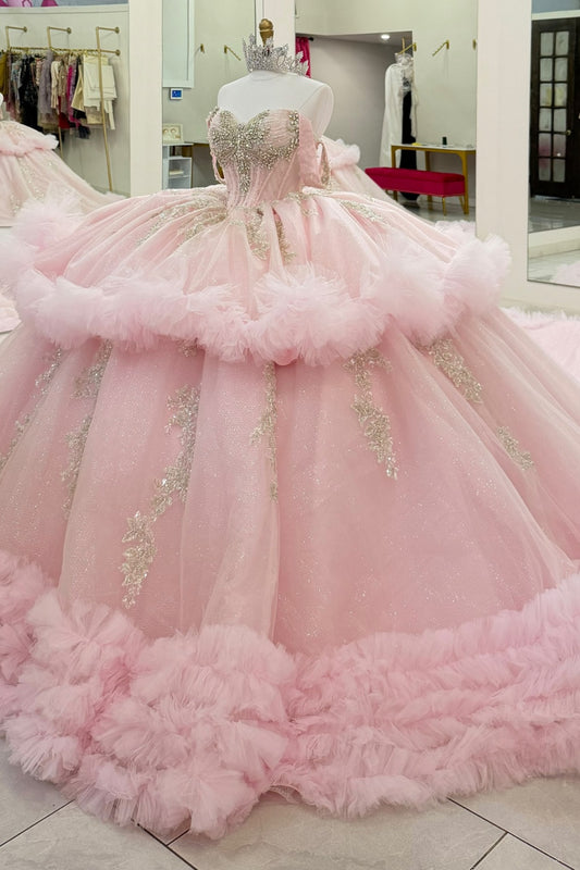 Tulle Ruffled Pink Quinceanera Dresses Off Shoulder Luxury Appliqued Celebration Gowns HE2007