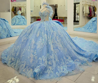 Sweetheart Lace Blue Quinceanera Dresses Off Shoulder Sweet 16 Celebration Gowns HE2006