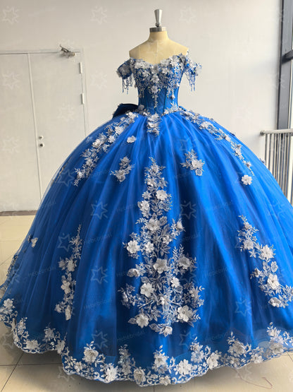 Gorgeous Ball Gown 3D Flower Quinceanera Dresses Off Shoulder Sweet 15 Party Gown HE1440